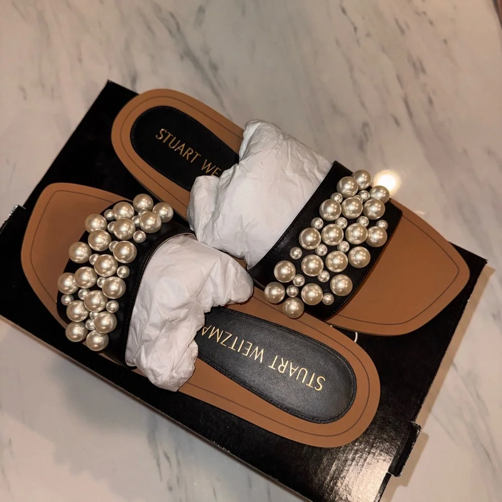 Stuart Weitzman Black Pearl-Embellished Slide Mules SIZE 9 - Picture 2 of 6